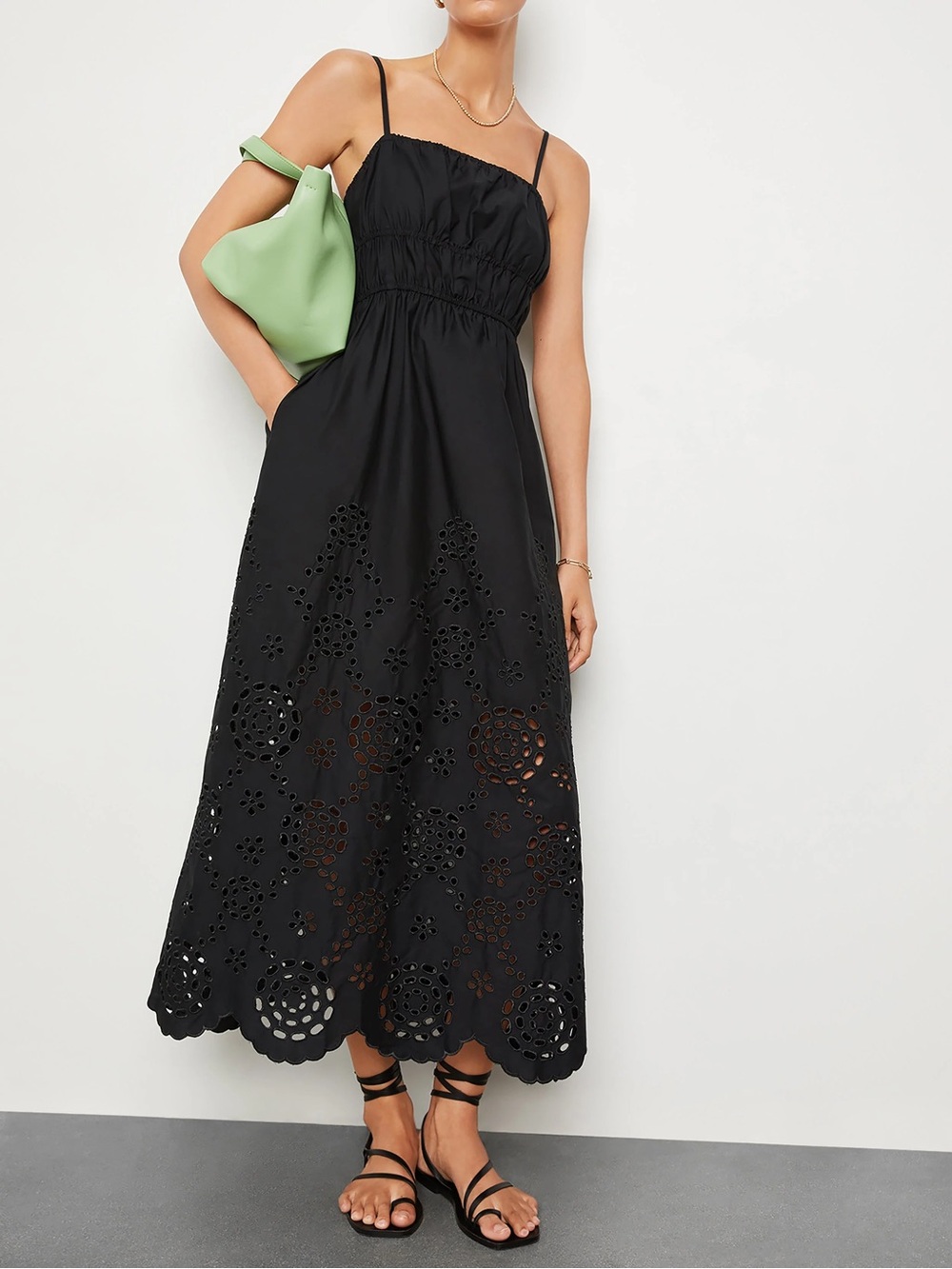 Madewell Embroidered Tank Midi Dress in Poplin True Black 0